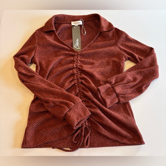 GILLI Women’s Collared Long Sleeve Brown Top with Gathered Front Detail Small - Picture 3 of 9